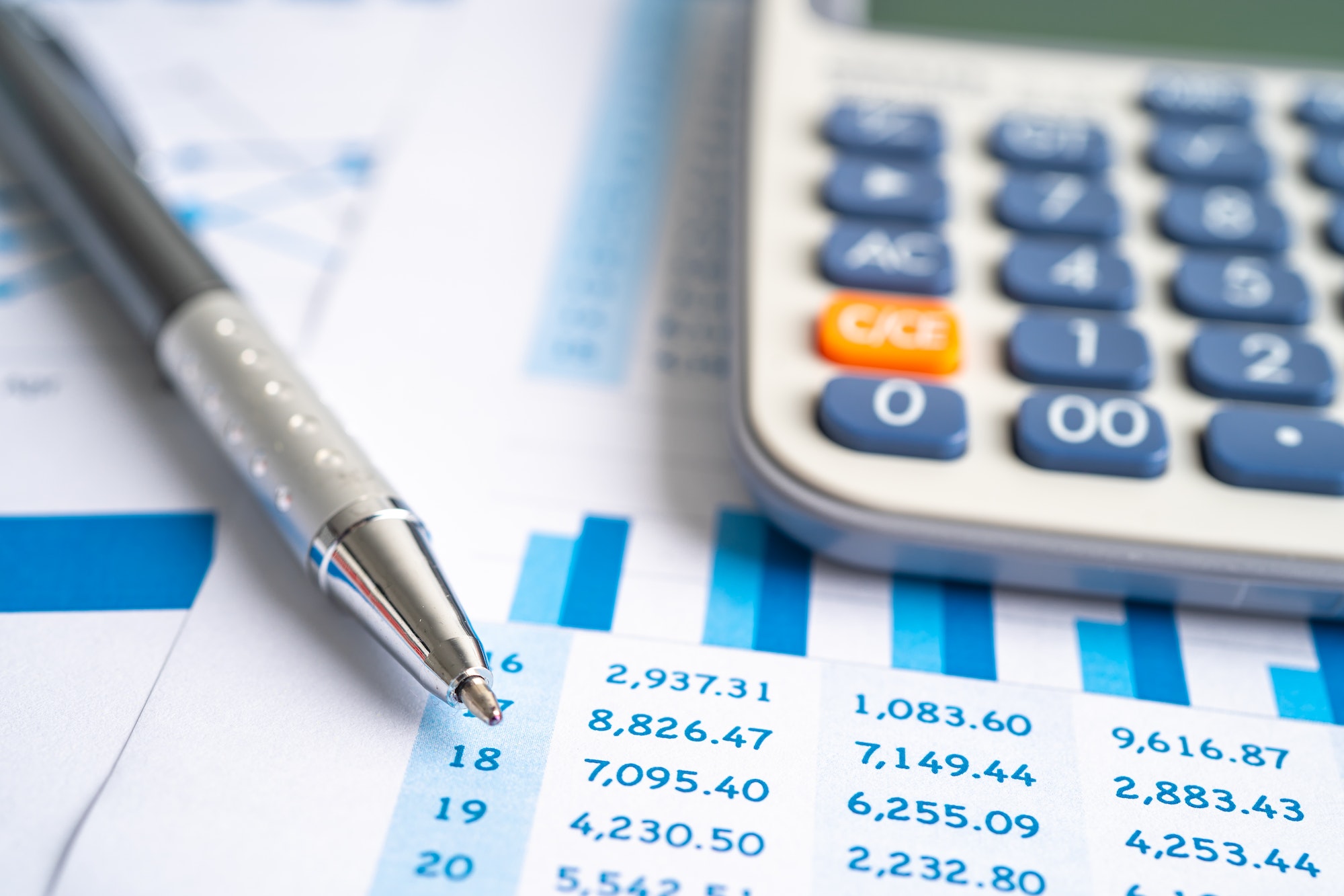 Calculator on chart graph for analysis account business trade.